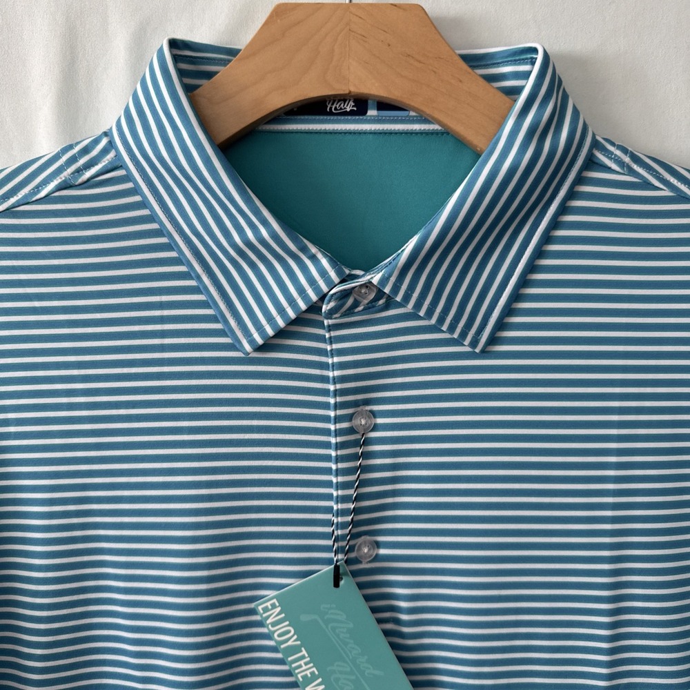 Inward Half Men's XL SS Performance Polo Green/White/Blue Stripe NWT Golf